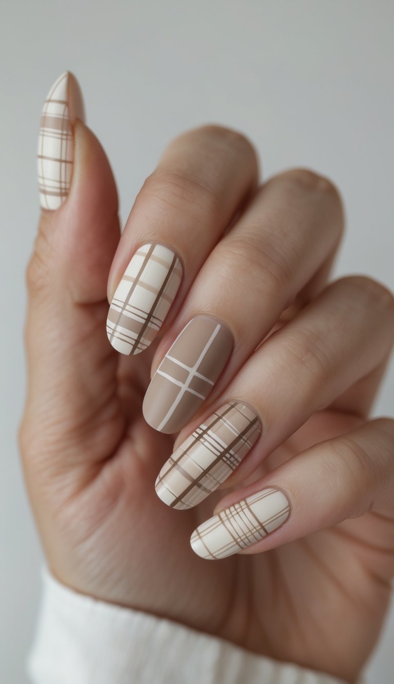 Close-up of one hand with neatly manicured nails featuring neutral plaid designs against a white background.