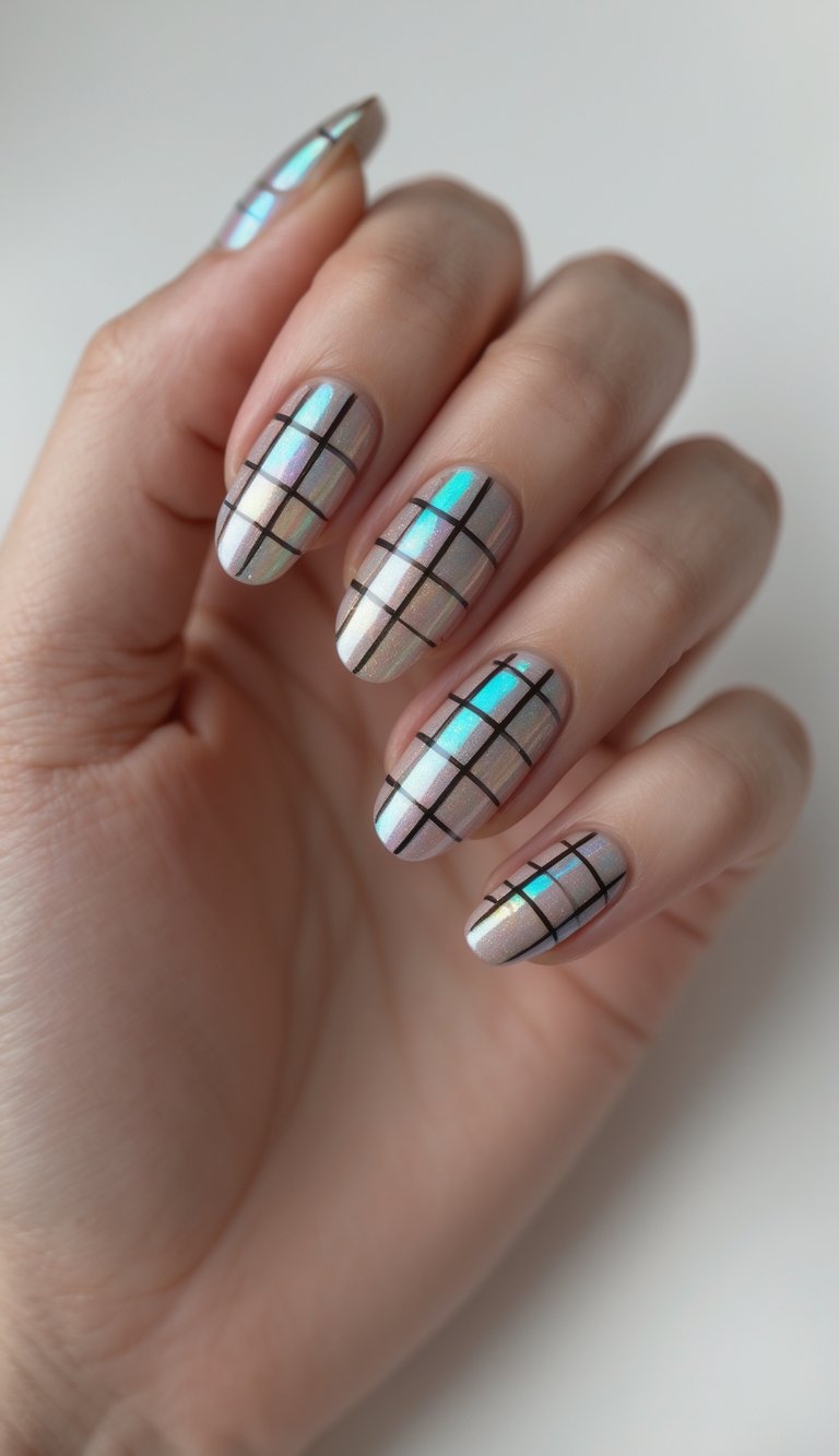 Close-up of one hand showing nails with holographic plaid nail art against a white background.