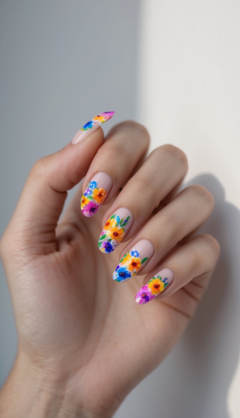 Close-up of one hand with colorful floral nail art inspired by Pride flowers against a white background.