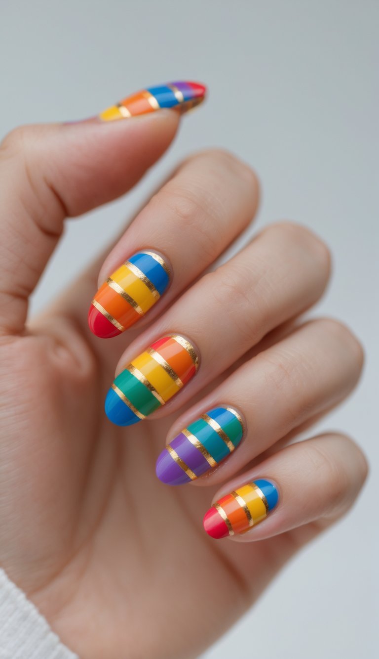 Close-up of one hand with nails painted in rainbow colors separated by thin gold stripes against a white background.