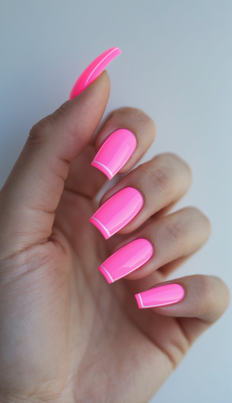 Close-up of one hand with neon pink tips nail art on medium-length nails against a white background.