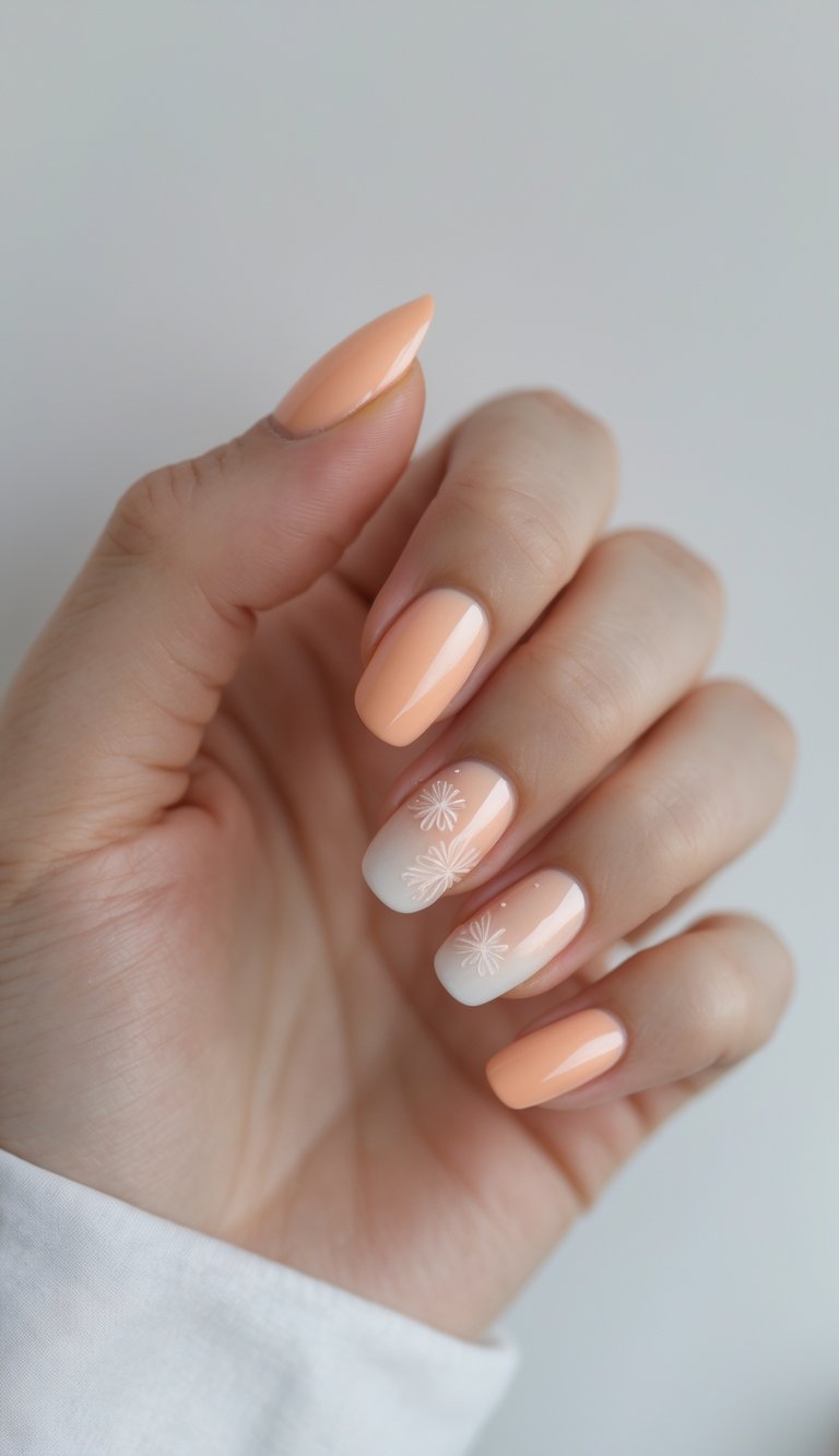 Close-up of one hand with glossy peach nails featuring detailed nail art against a white background.