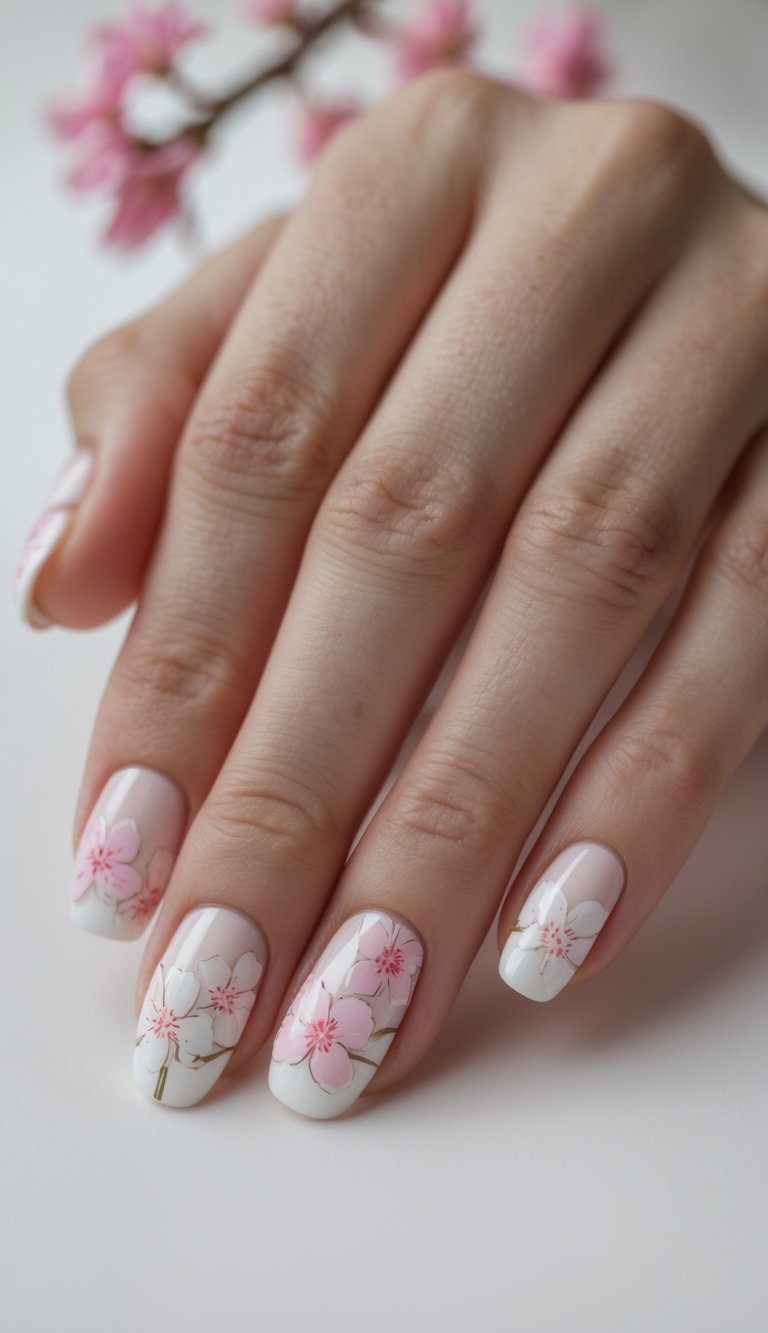 Close-up of one hand with nails painted in pink and white cherry blossom designs against a plain white background.
