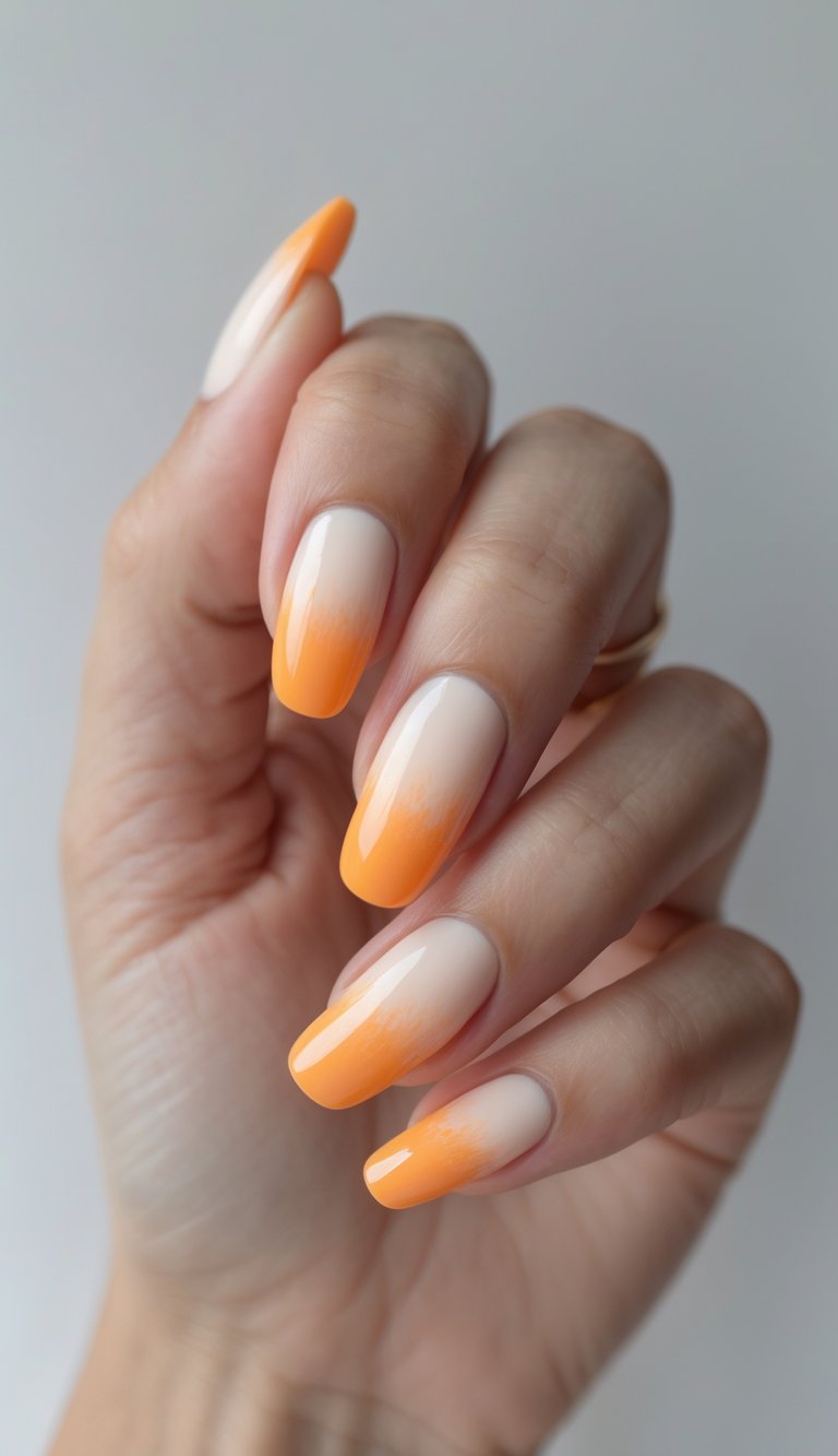 Close-up of one hand with orange ombré nails against a white background.