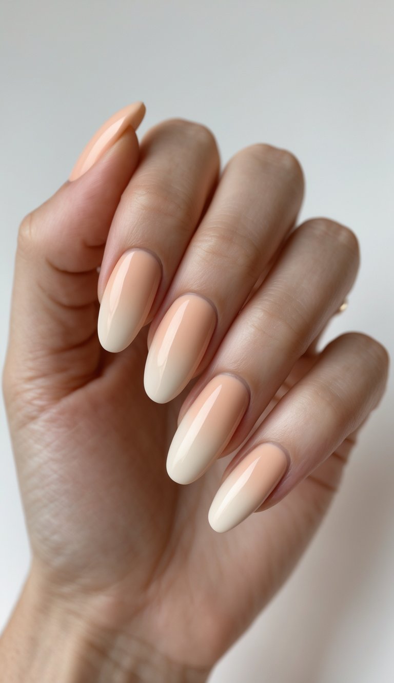 Close-up of one hand with peach and cream gradient nails against a white background.