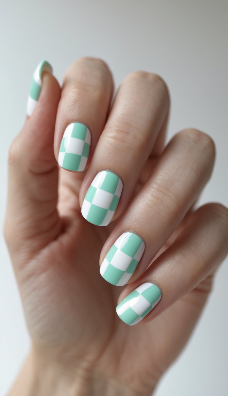 Close-up of a single hand with mint green and white checkerboard patterned nails against a white background.