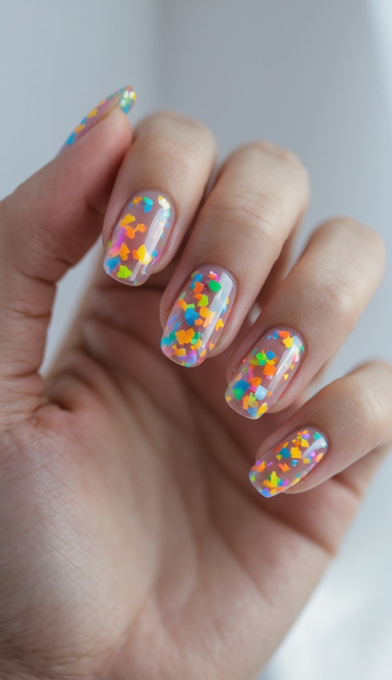 Close-up of one hand with clear jelly nails decorated with colorful confetti against a white background.