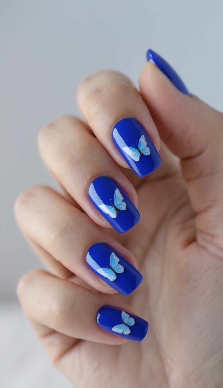 Close-up of a hand with royal blue nails decorated with small butterfly designs against a white background.