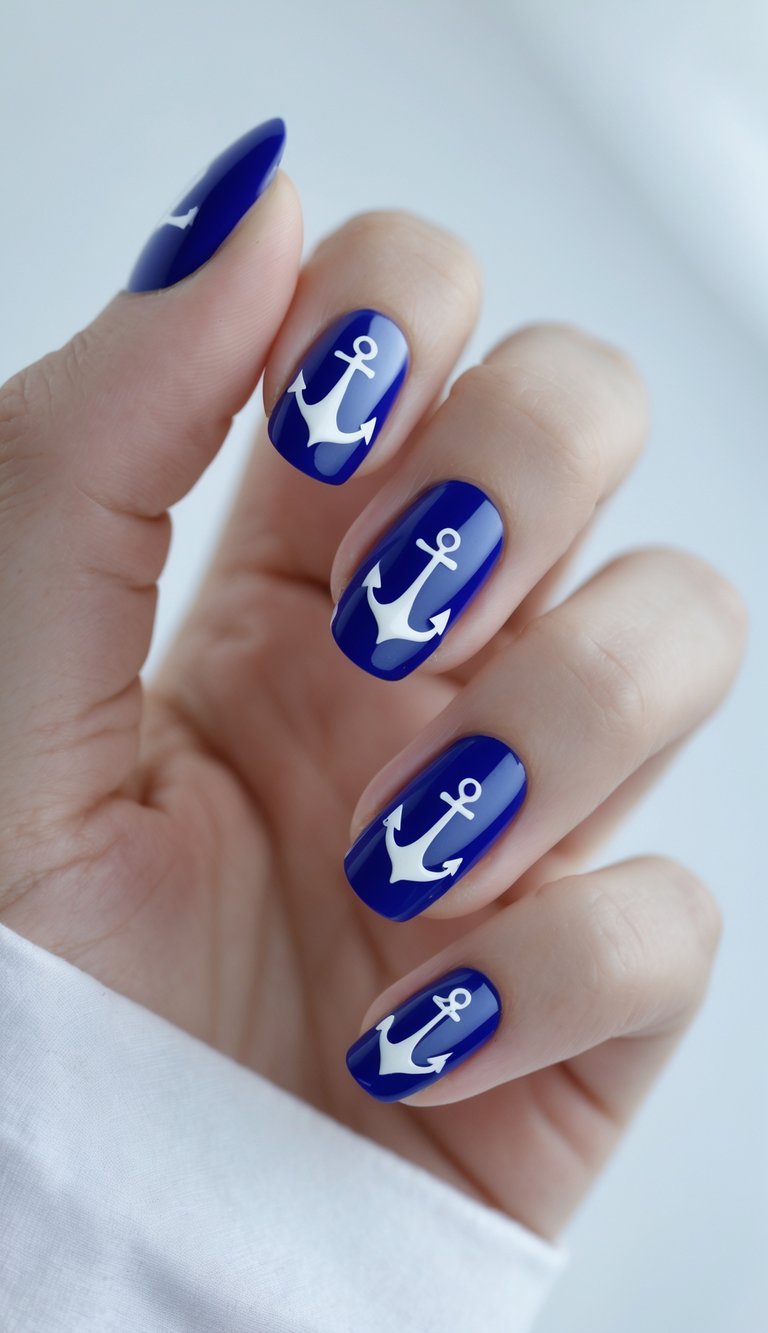 Close-up of a hand with royal blue nails decorated with small anchor designs against a white background.