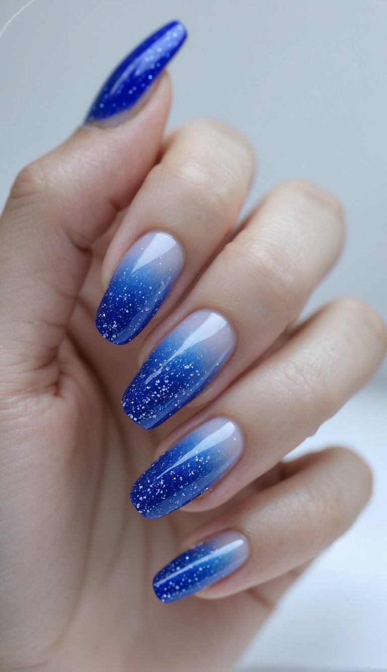 Close-up of one hand with royal blue gradient nails featuring glitter accents against a white background.