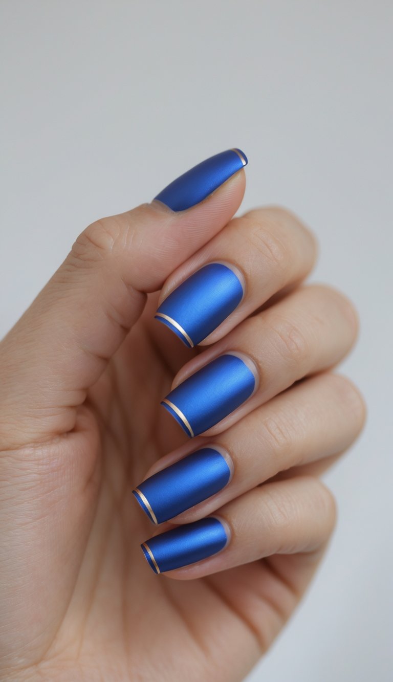 Close-up of one hand showing nails with royal blue French tip nail art on a white background.
