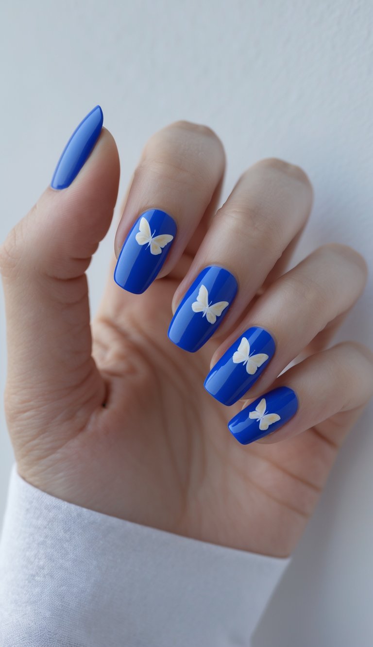 Close-up of one hand with royal blue nails decorated with small butterfly designs on a white background.