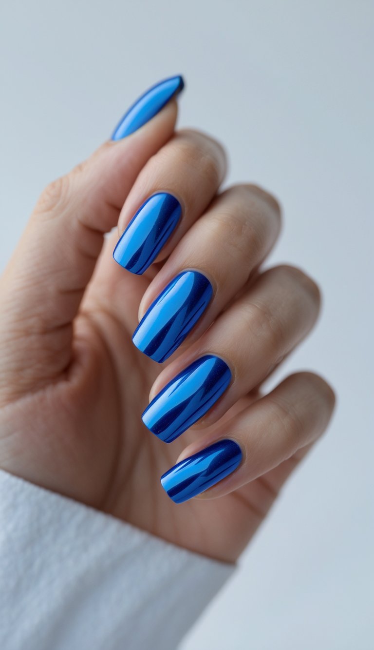 Close-up of one hand with royal blue metallic shiny nails against a white background.