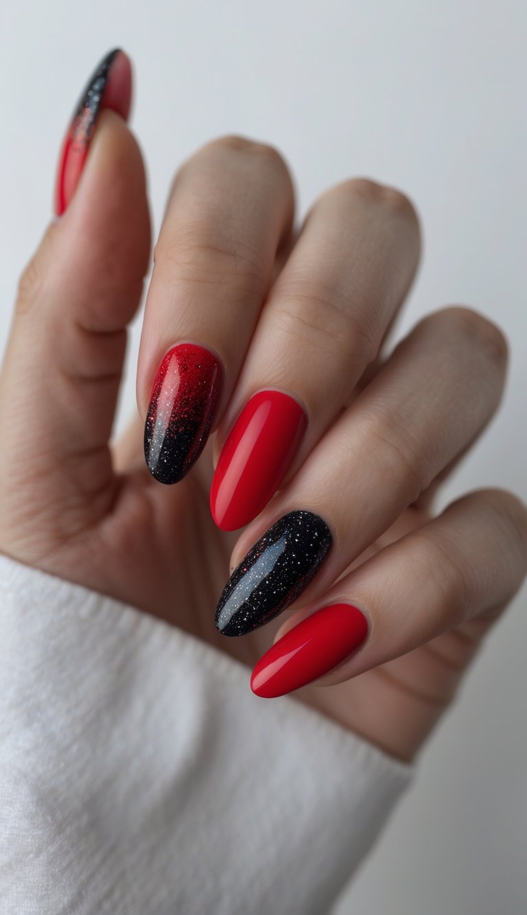 Close-up of one hand with red nails featuring black gradient glitter tips against a white background.