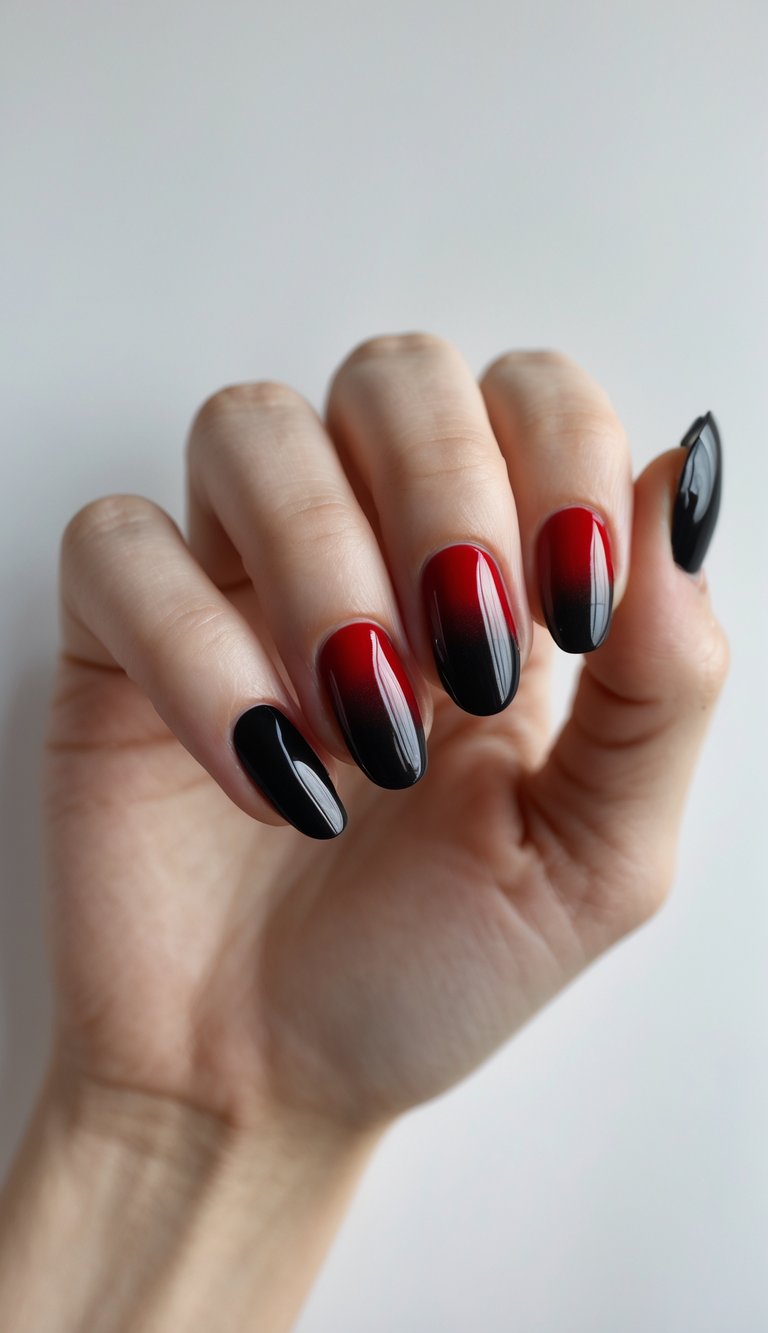 Close-up of one hand with red and black ombre gradient nail art on a white background.