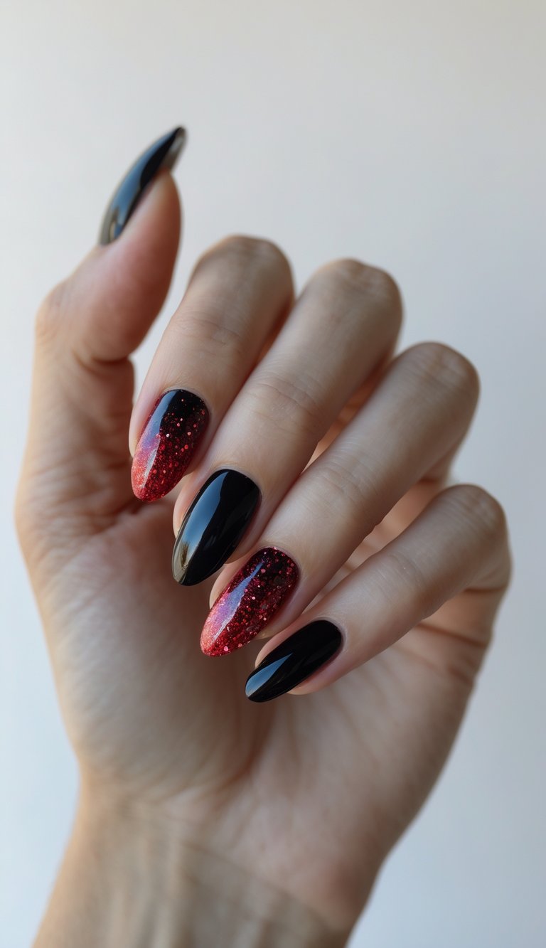 Close-up of one hand with black nails featuring red glitter gradient nail art against a white background.