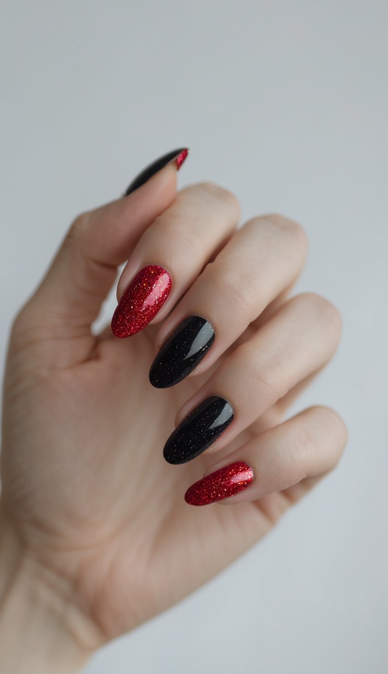 Close-up of one hand with black nails and red glitter tips against a white background.