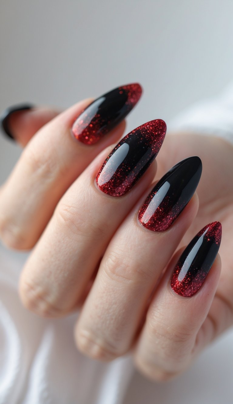 Close-up of one hand with black nails featuring red gradient glitter on a white background.