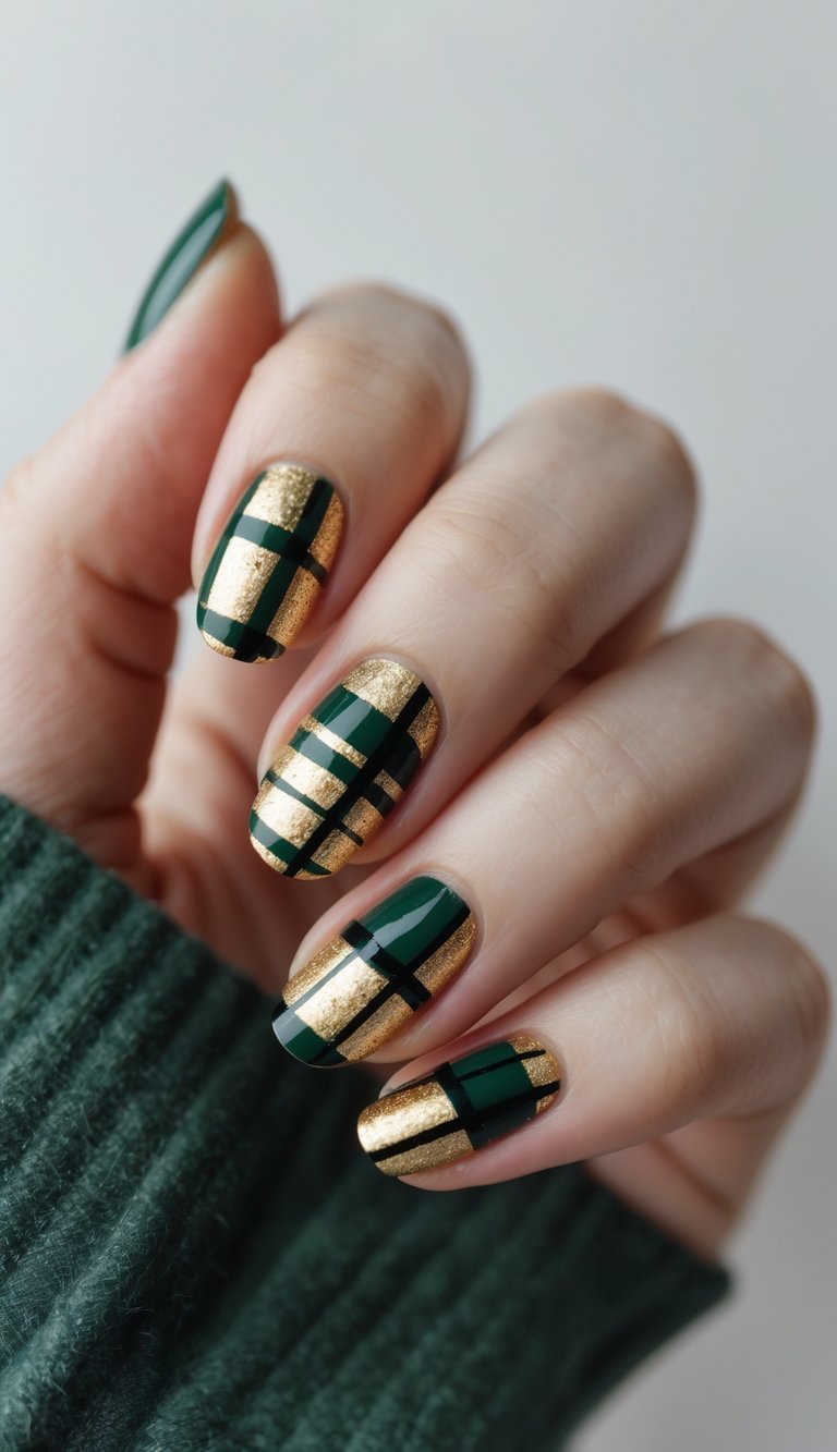 Close-up of one hand showing manicured nails with gold and dark green plaid nail art against a white background.
