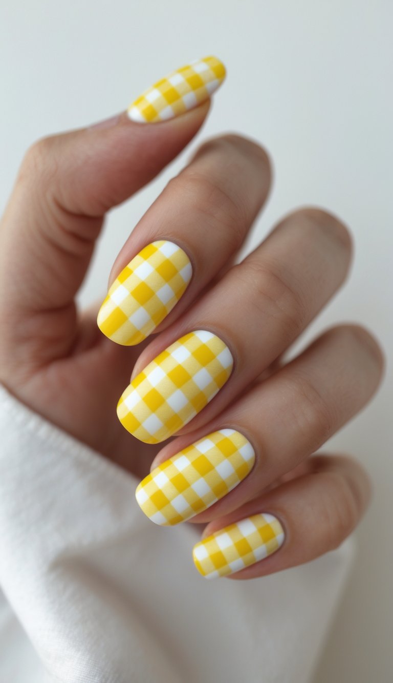 Close-up of one hand with bright yellow and white gingham patterned nails against a white background.