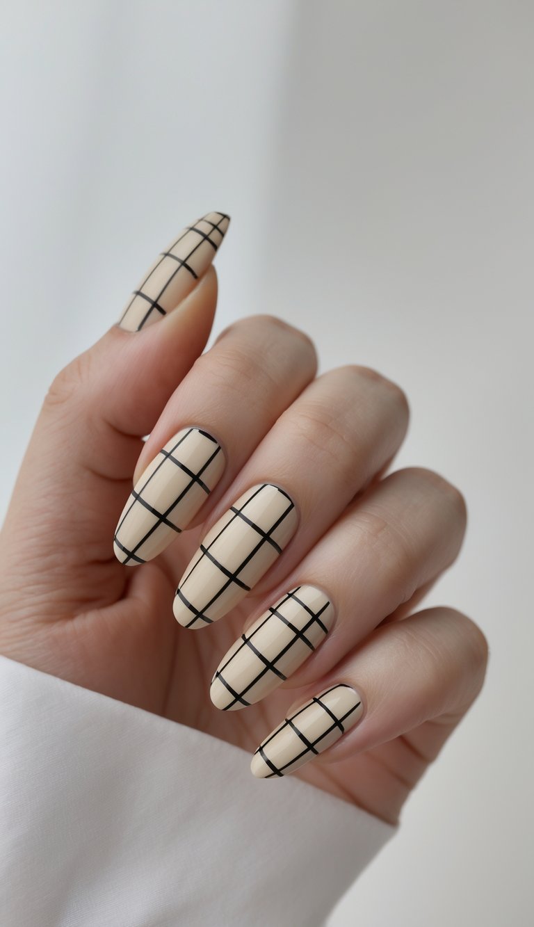 Close-up of one hand with beige nails featuring thin black plaid lines against a white background.