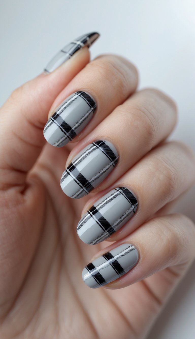 Close-up of one hand showing nails painted with gray plaid patterns and a shiny topcoat against a white background.