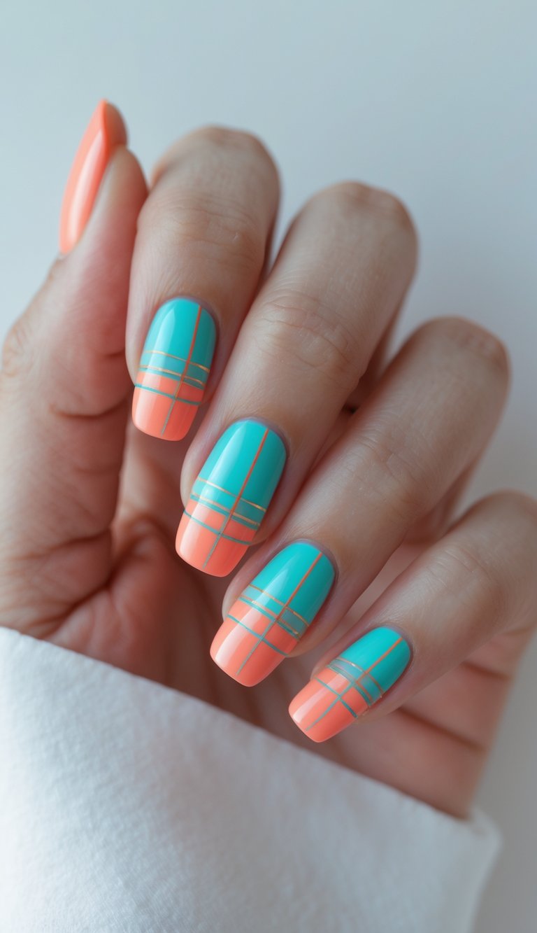 Close-up of one hand showing nails painted with bright turquoise and coral plaid design against a white background.
