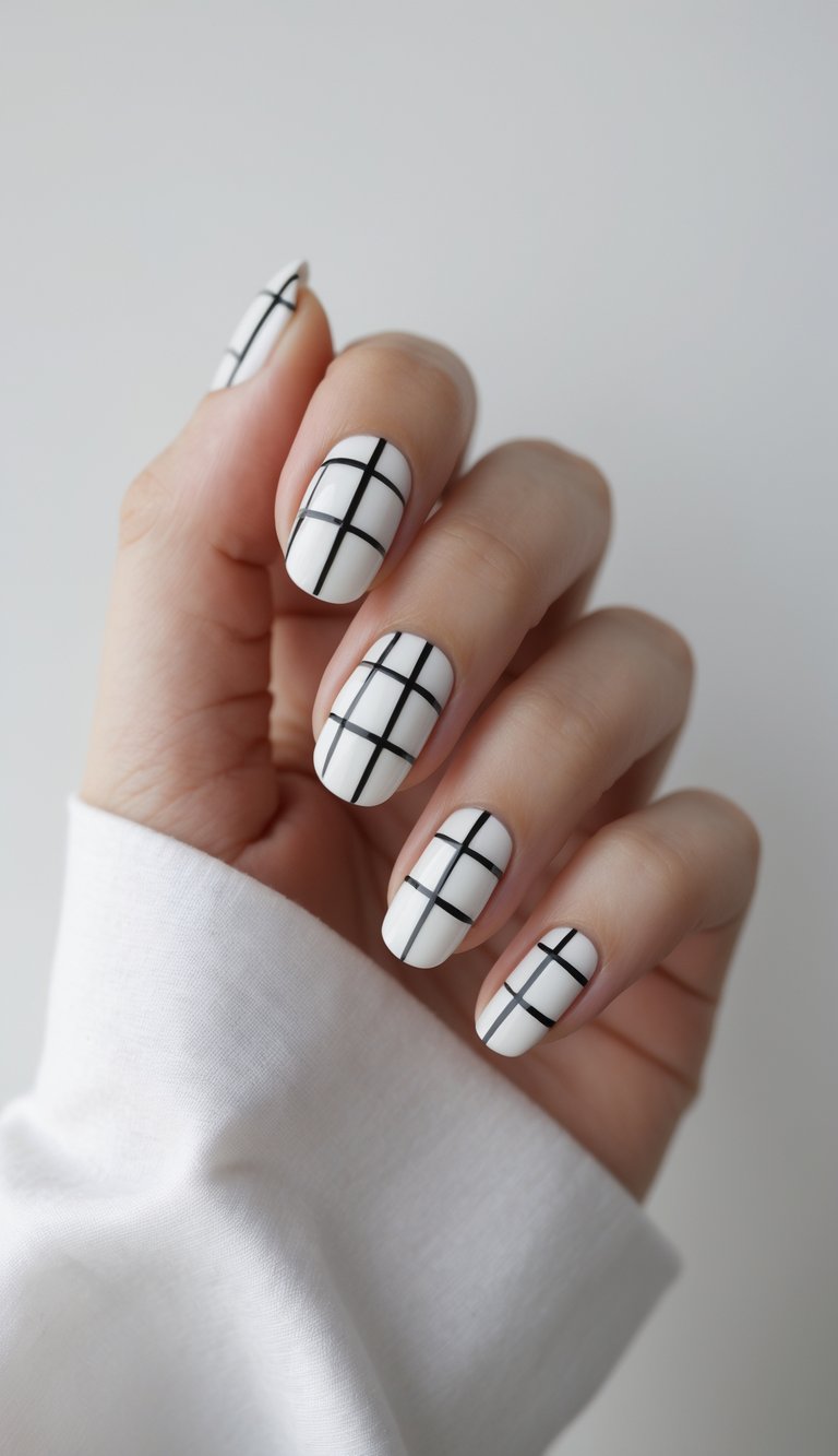 Close-up of a hand with black and white plaid nail art on neatly manicured nails against a white background.