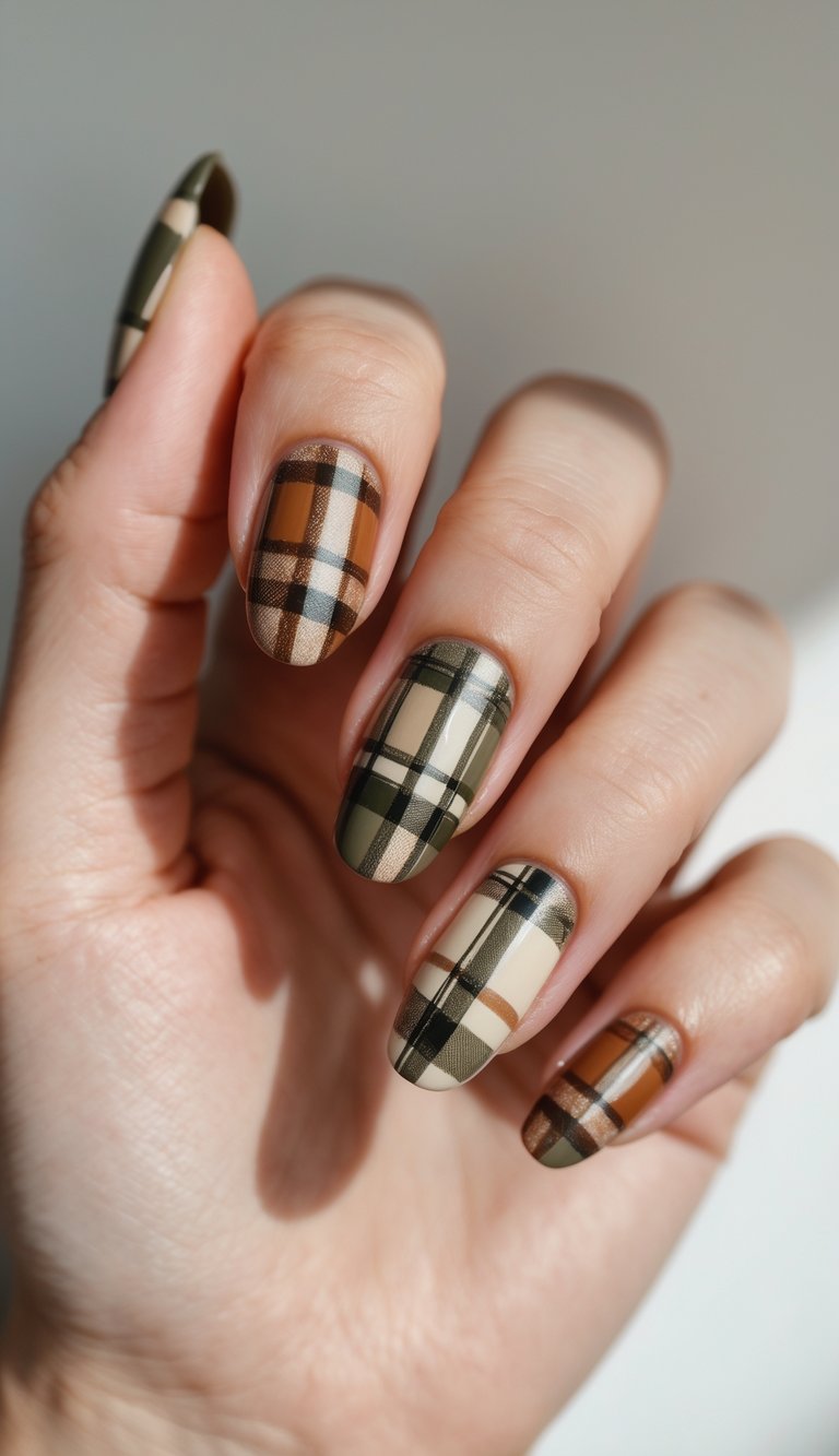 Close-up of one hand with nails painted in plaid patterns using earthy tones on a white background.
