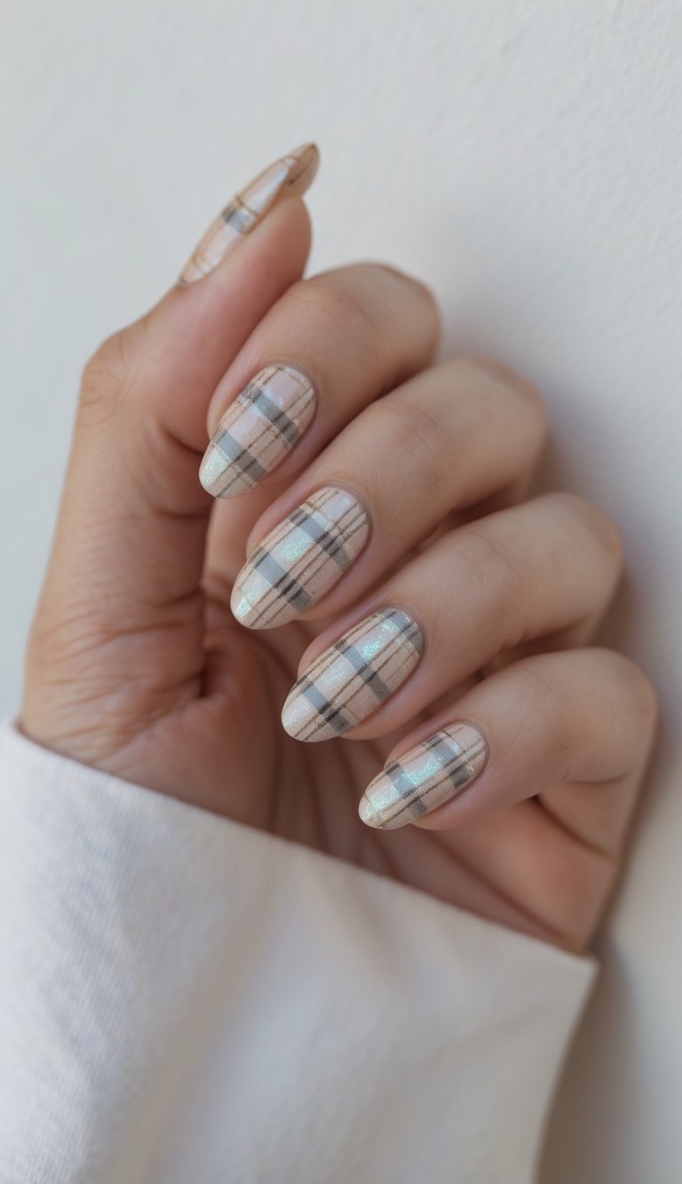 Close-up of one hand with neatly manicured nails featuring plaid nail art with a pearly finish against a white background.