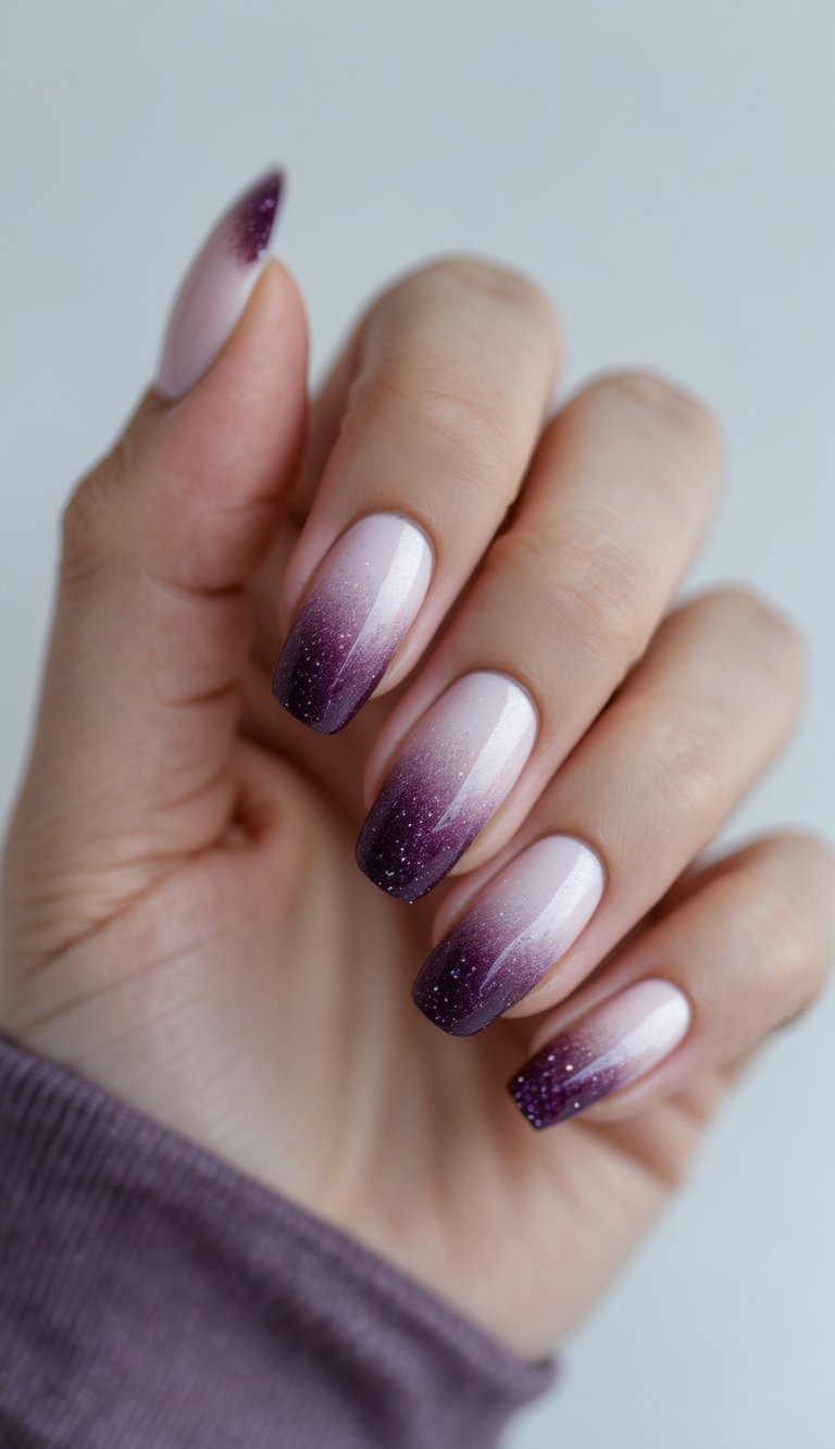Close-up of one hand with plum gradient nails and glitter topcoat against a white background.