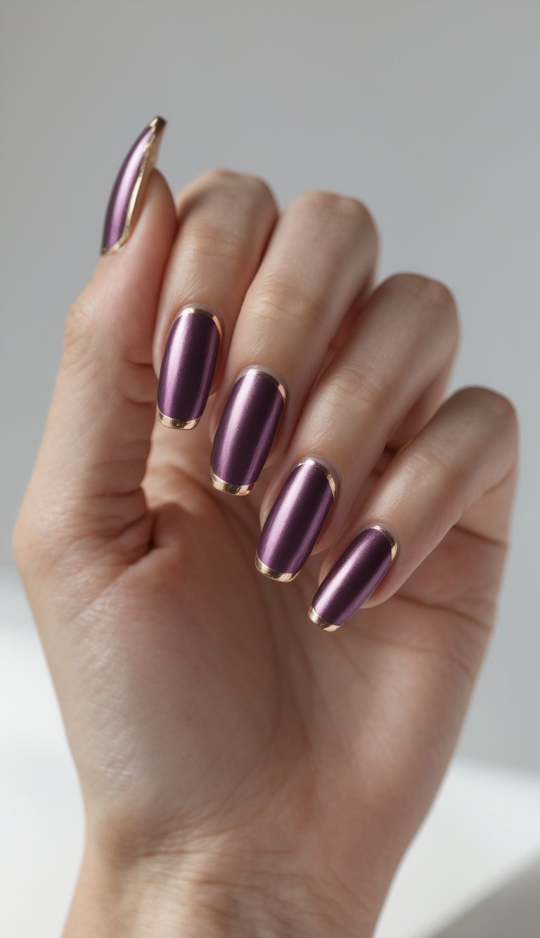 Close-up of one hand with plum metallic French tip nails against a white background.