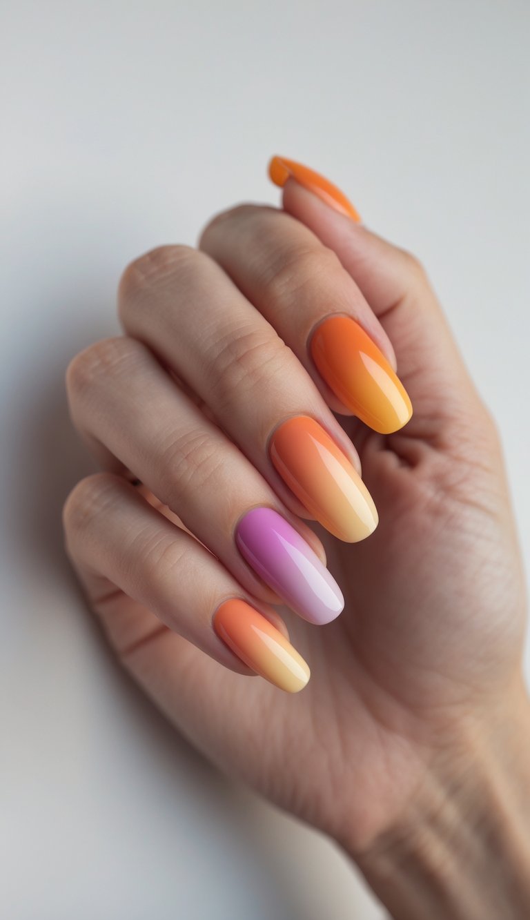 Close-up of one hand showing nails painted with a smooth gradient from orange to pink and purple on a white background.