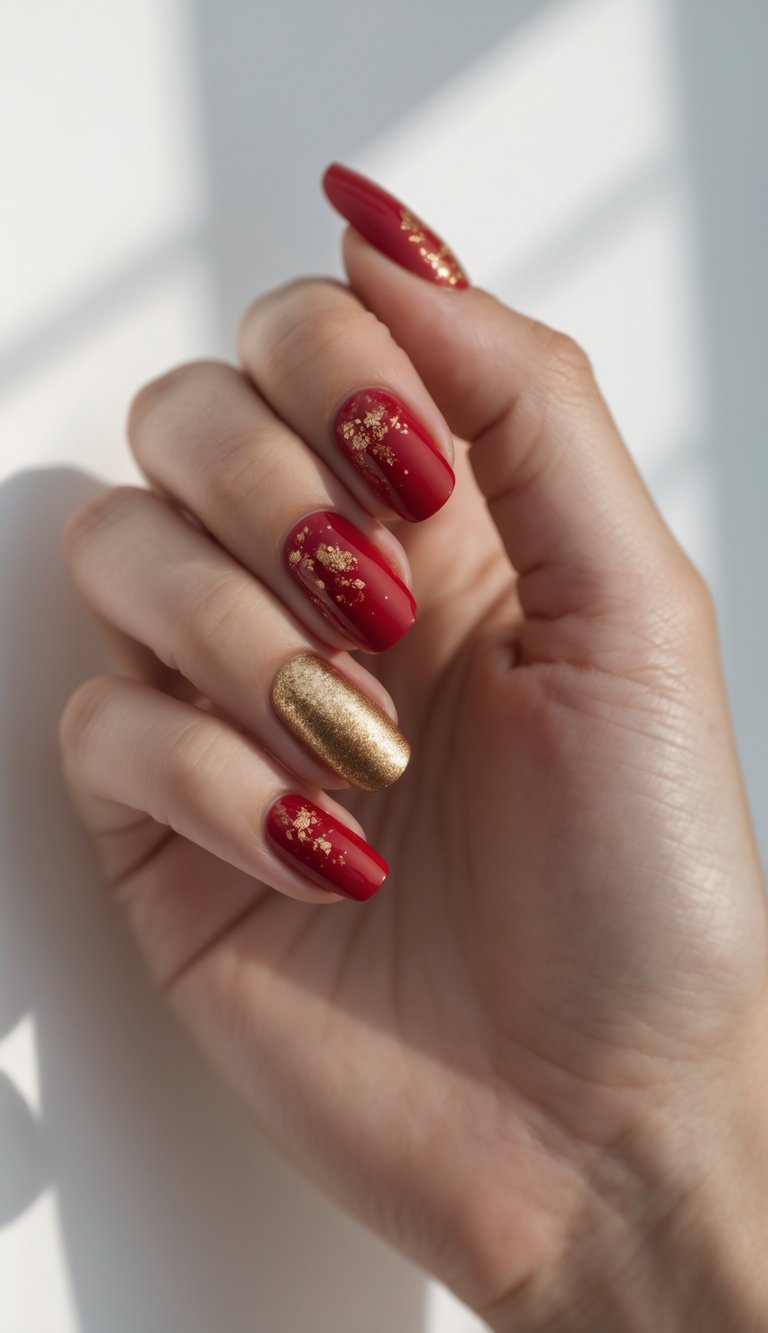 Close-up of one hand with glossy red nails decorated with small gold flecks against a white background.