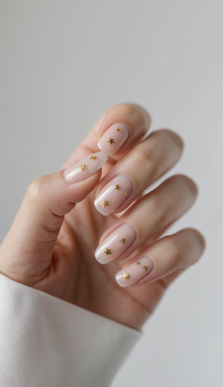 Close-up of one hand with glossy clear nails decorated with small gold stars against a white background.