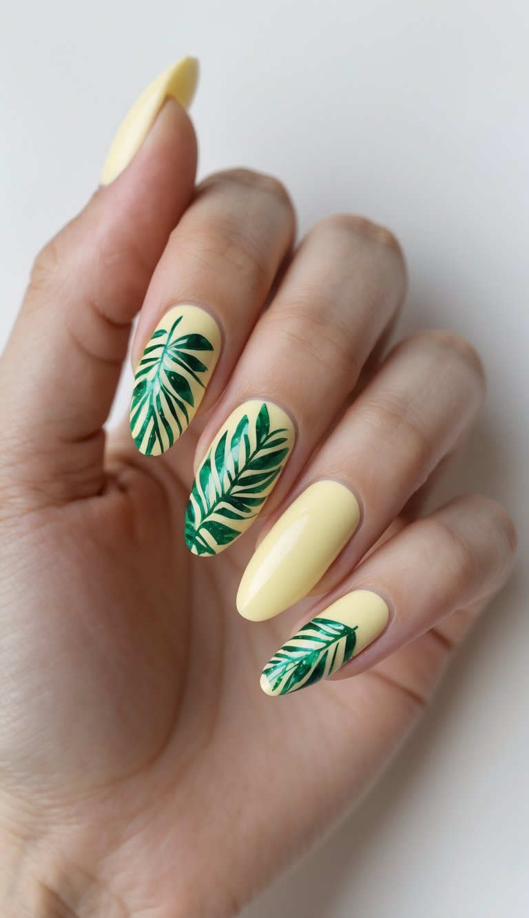 Close-up of one hand showing manicured nails with pale yellow polish and green tropical leaf designs on a white background.