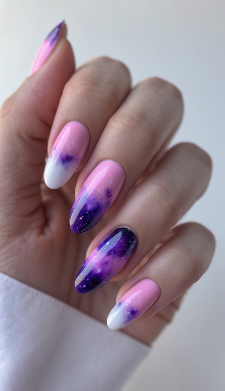 Close-up of one hand with nails painted in pink, purple, and white gradient space-themed designs against a white background.