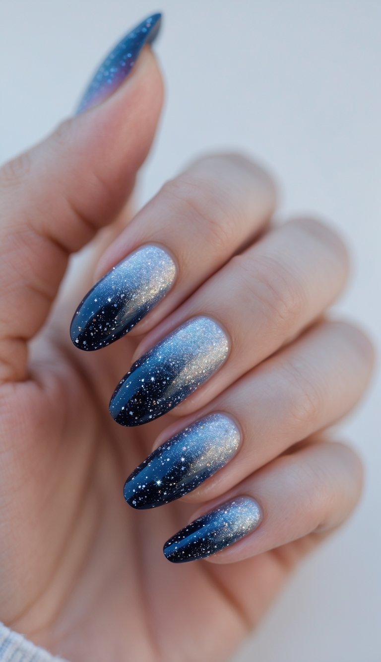 Close-up of one hand with nails painted in a glittery blue and silver gradient resembling cosmic dust, set against a white background.
