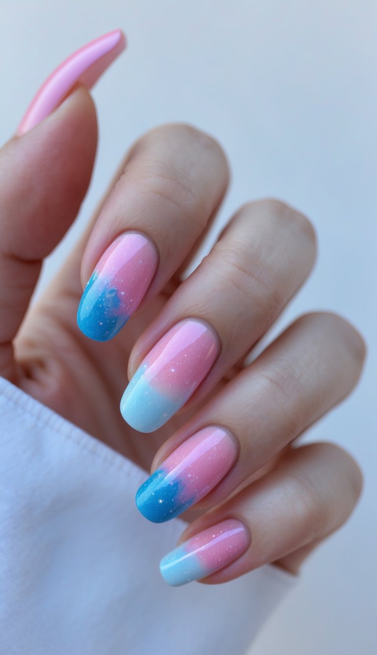 Close-up of one hand with nails painted in pink and blue gradient resembling a nebula cloud against a white background.
