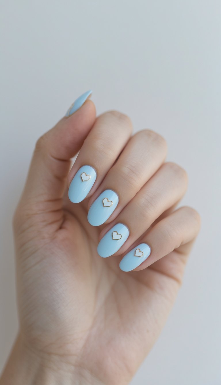 Close-up of one hand showing baby blue painted nails with small heart designs on a white background.
