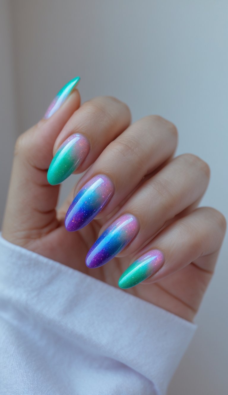 Close-up of one hand with colorful, shimmering nails inspired by the northern lights against a white background.