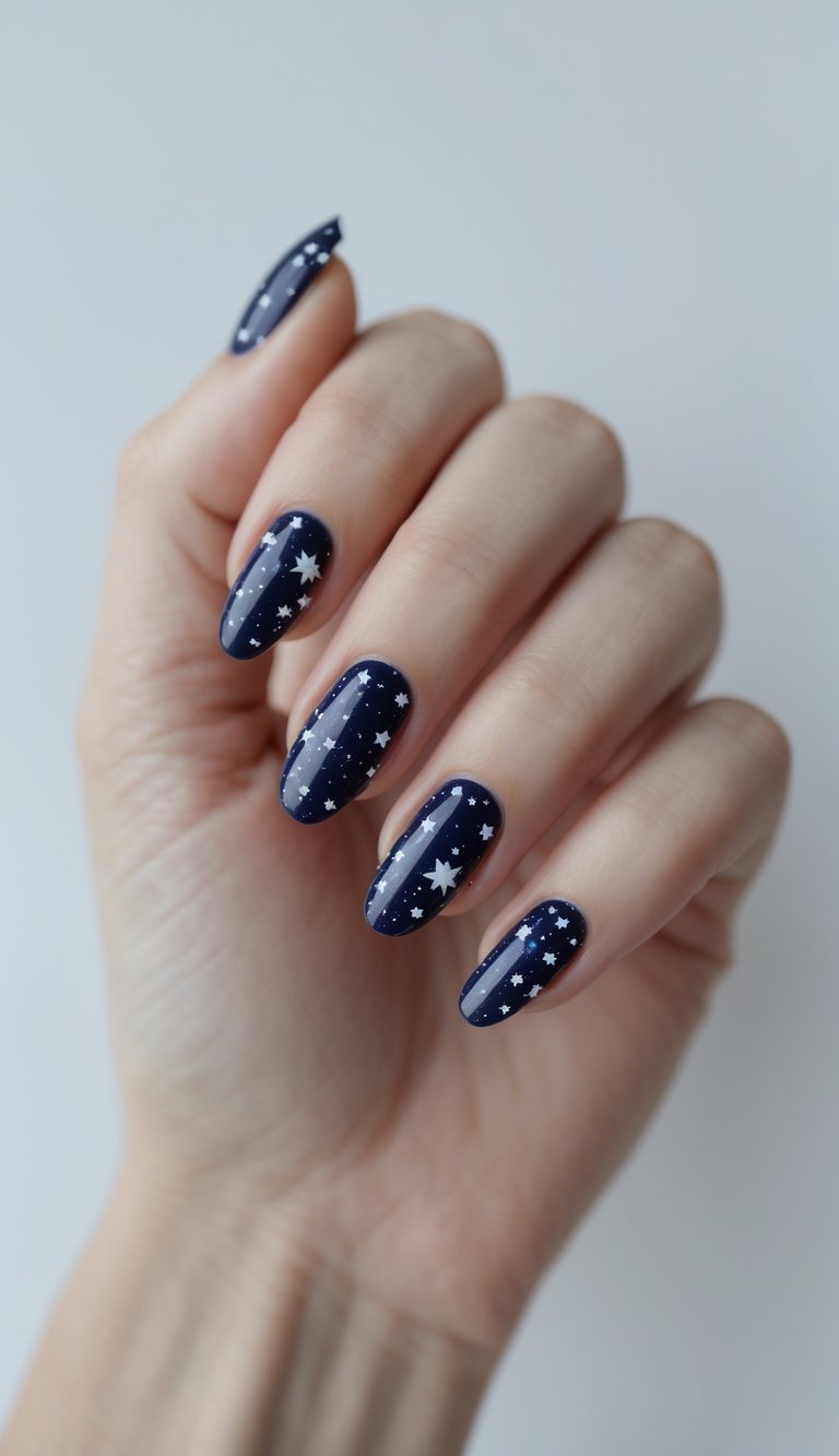 Close-up of one hand with dark blue nails decorated with small white stars on a white background.