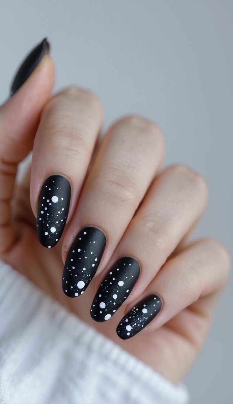 Close-up of one hand with matte black nails decorated with small white galaxy dots against a white background.
