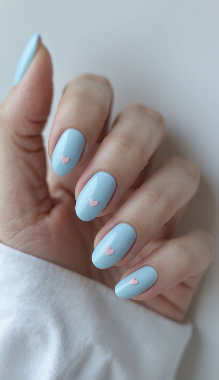 Close-up of one hand with baby blue nails decorated with small heart designs against a white background.