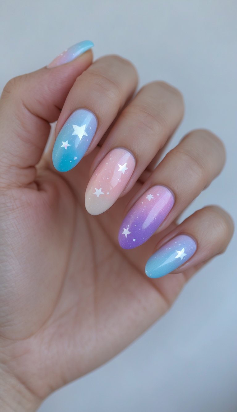 Close-up of one hand with pastel-colored galaxy nail art and small star designs on a white background.