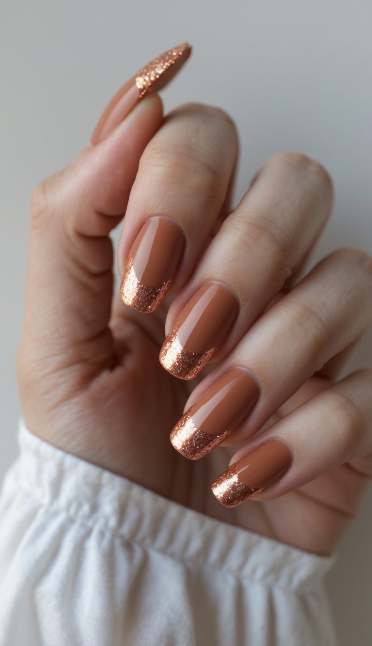 Close-up of a single hand with terracotta-colored nails and copper glitter tips against a white background.
