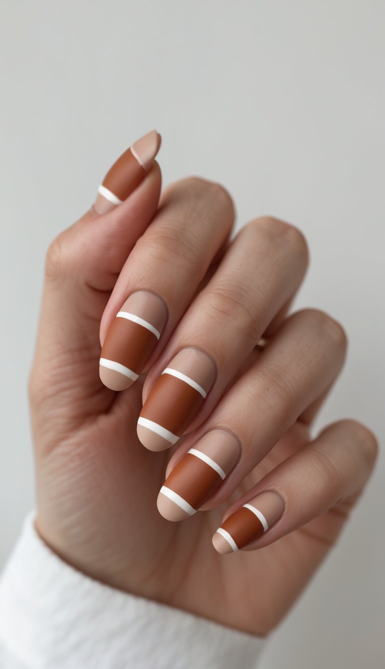 Close-up of one hand with terracotta nails featuring nude and white striped patterns against a white background.