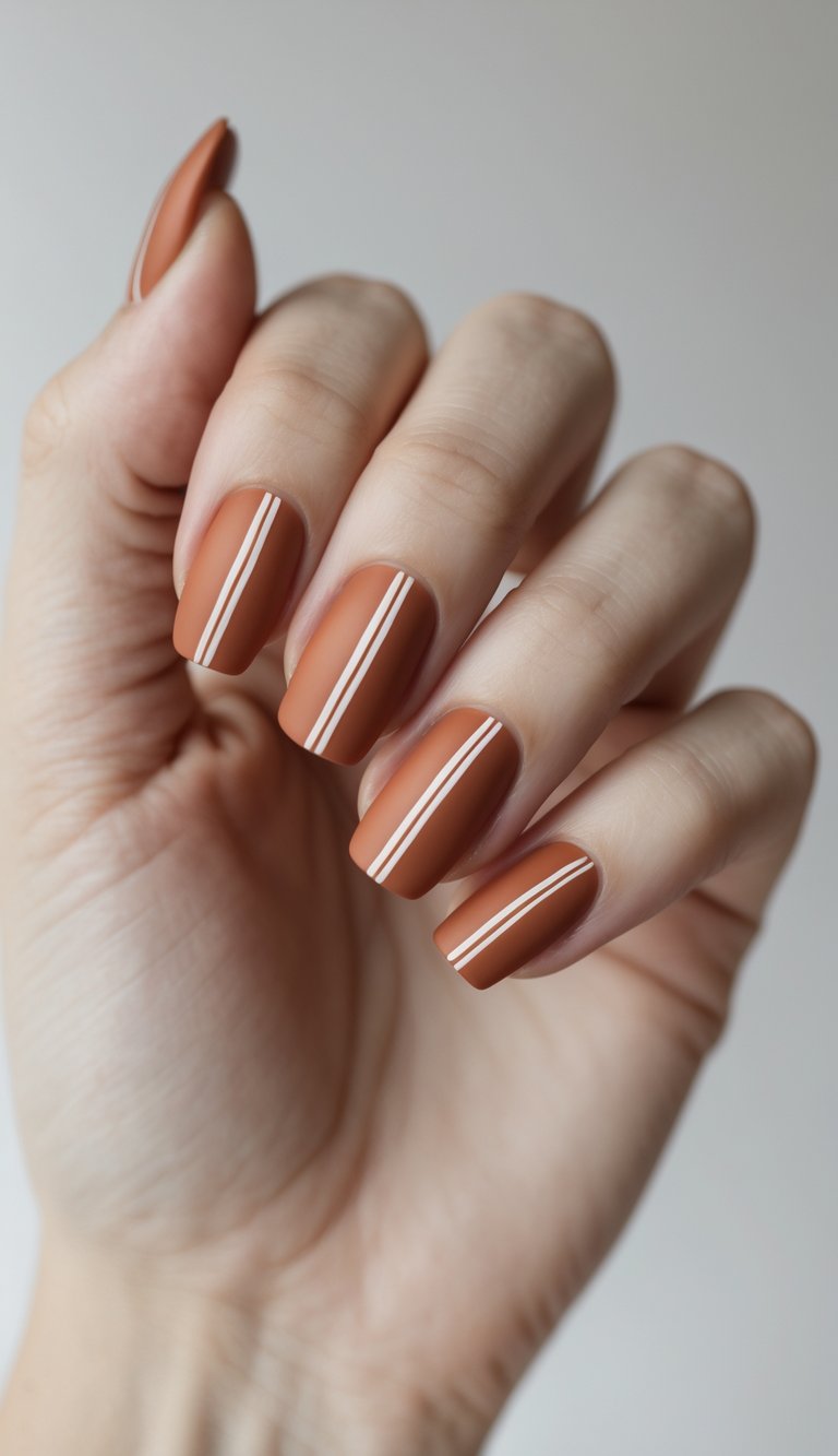 Close-up of a single hand with terracotta-colored square nails featuring simple patterns against a white background.