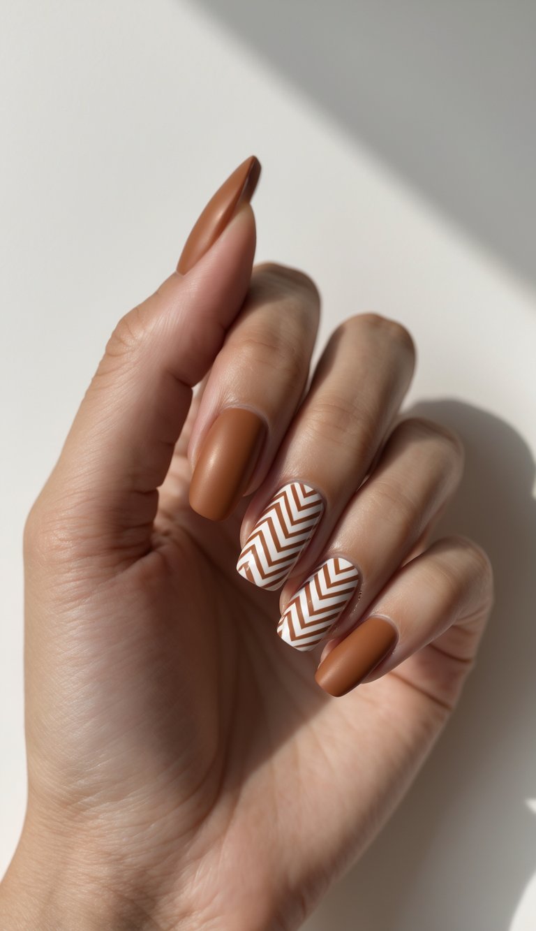 Close-up of a hand with terracotta-colored nails featuring chevron patterns on a white background.