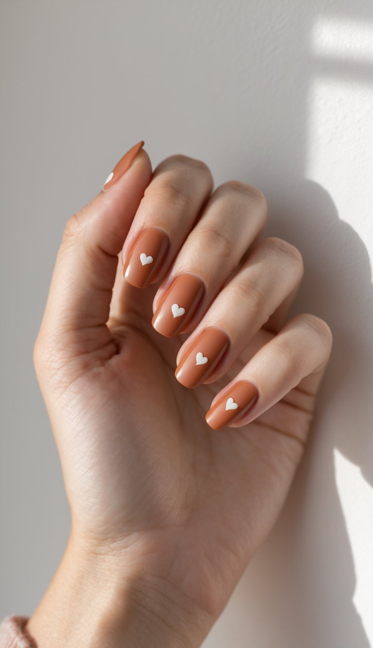 Close-up of one hand with terracotta-colored nails featuring small heart designs on a white background.
